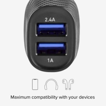 Fast charging car charger, 1 USB 12W and 1 USB 5W port