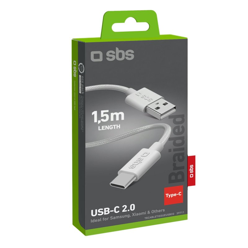 USB-A - USB-C fabric cable with cable clip, 1.5 m