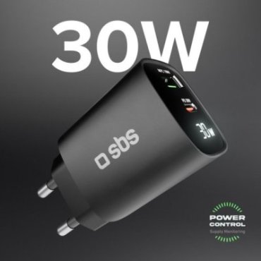 Wall charger with LCD screen, 1 USB-C PD 30W output, 1 USB-A 18W output