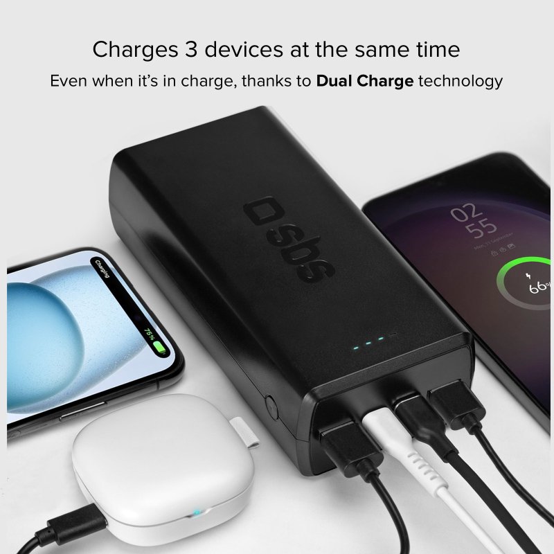 30,000 mAh power bank with 2 USB-C ports and 2 USB-A ports