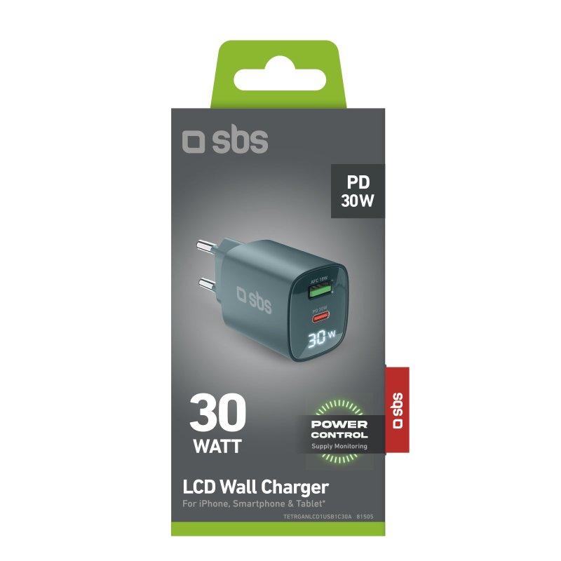 Wall charger with LCD screen, 1 USB-C PD 30W output, 1 USB-A 18W output