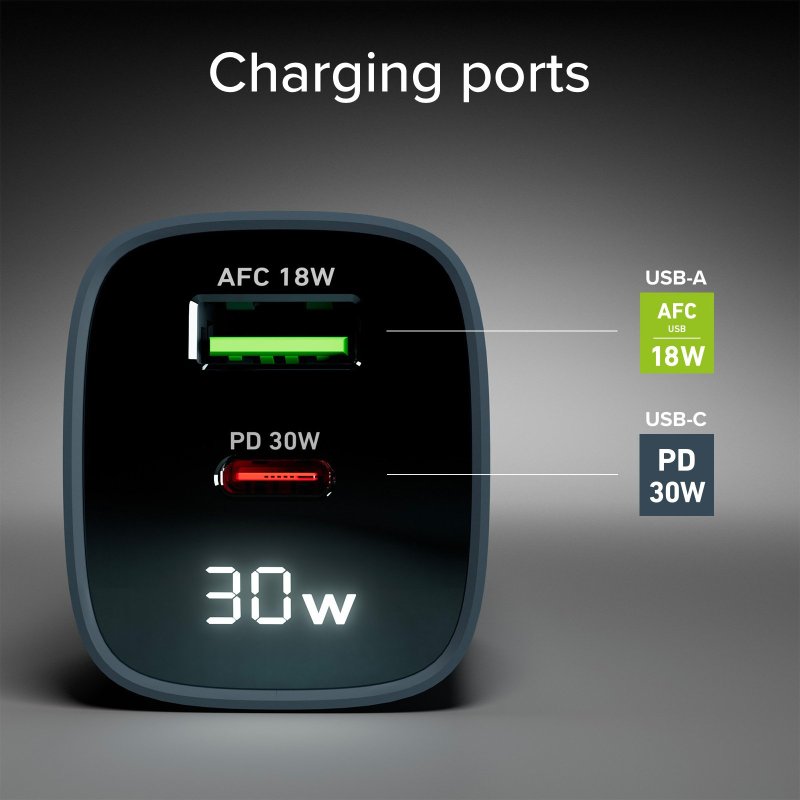 Wall charger with LCD screen, 1 USB-C PD 30W output, 1 USB-A 18W output