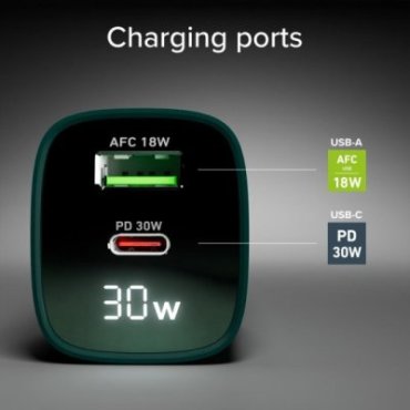 Wall charger with LCD screen, 1 USB-C PD 30W output, 1 USB-A 18W output